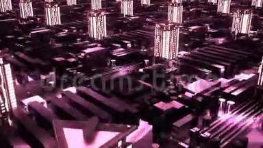 控制论未来派霓虹灯城。 三维建筑，科技风格的摩天大楼。